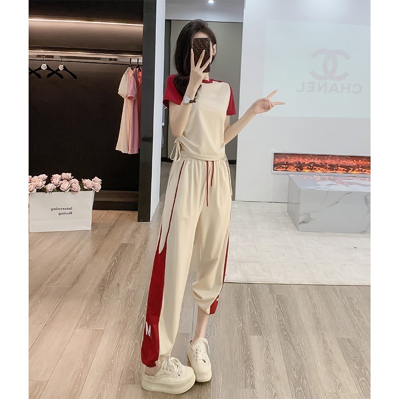 时尚休闲运动套装女夏季薄款网红炸街减龄洋气小个子束腿裤两件套