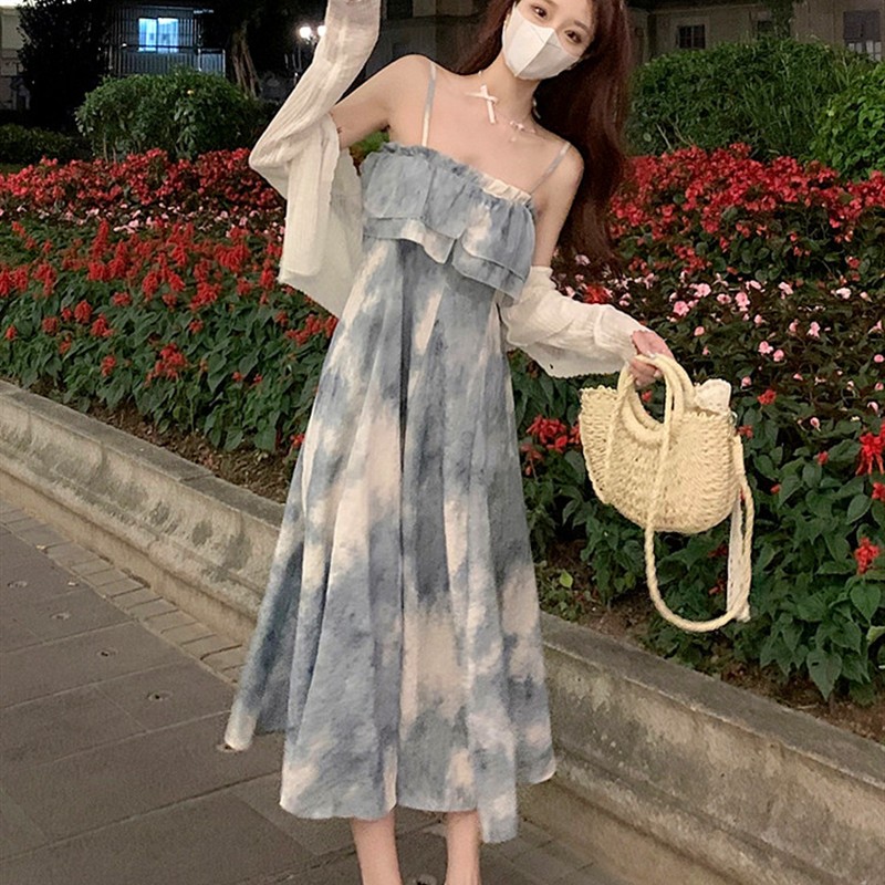 复古风荷叶边一字肩吊带长裙新中式水墨晕染夏季连衣裙女