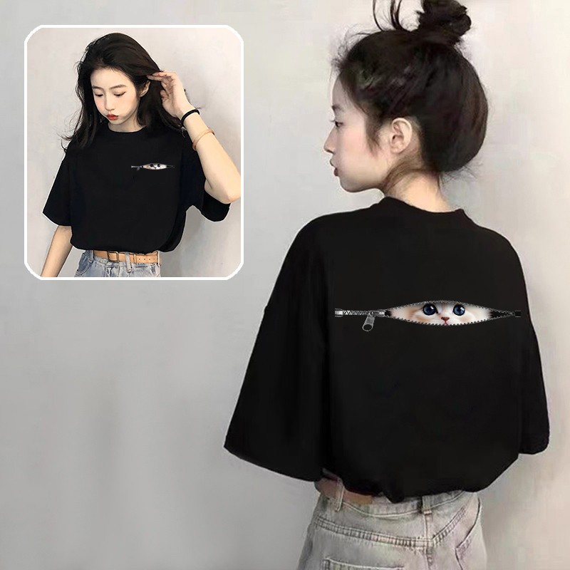 小猫黑色纯棉短袖t恤女2025夏季新款爆款独特设计感上衣宽松体恤