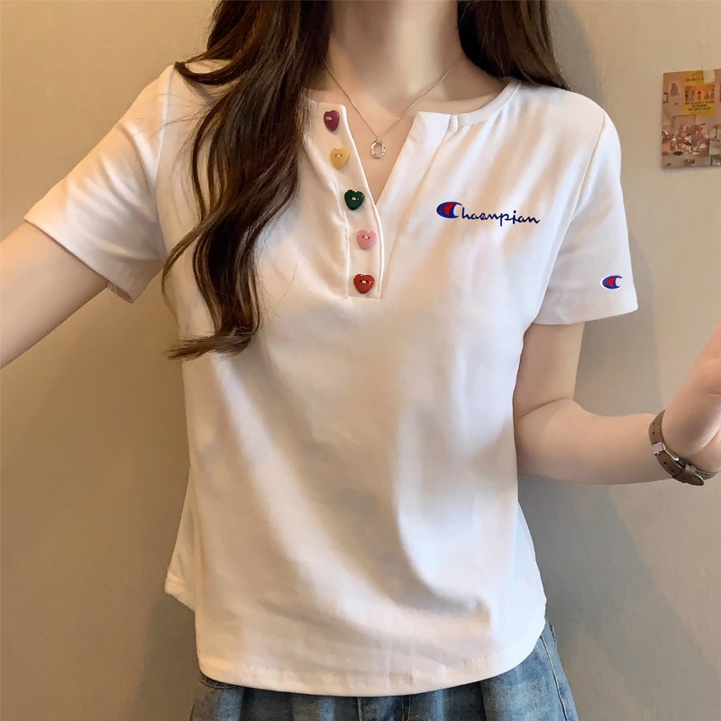 正品冠军船长短袖显瘦夏季潮牌T恤2025新款女装宽松正肩纯棉上衣