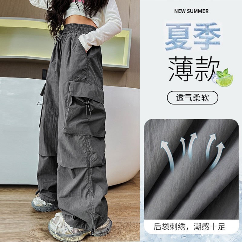 女童工装裤夏季薄款2025新款儿童潮酷穿搭直筒裤子女大童阔腿长裤