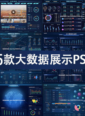 蓝色科技展板大屏可视化大数据展示PSD设计看板年度报表图表UI