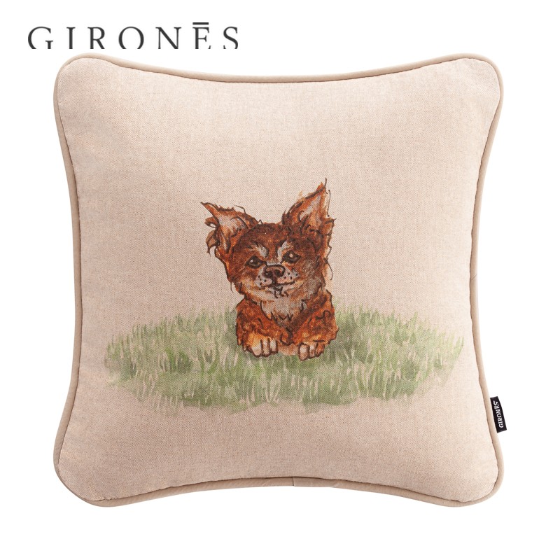 GIRONES进口棉涤包边卷边迷你可爱卡通宠物犬双面印花抱枕套靠垫