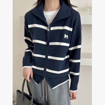 刺绣条纹立领毛衣开衫外