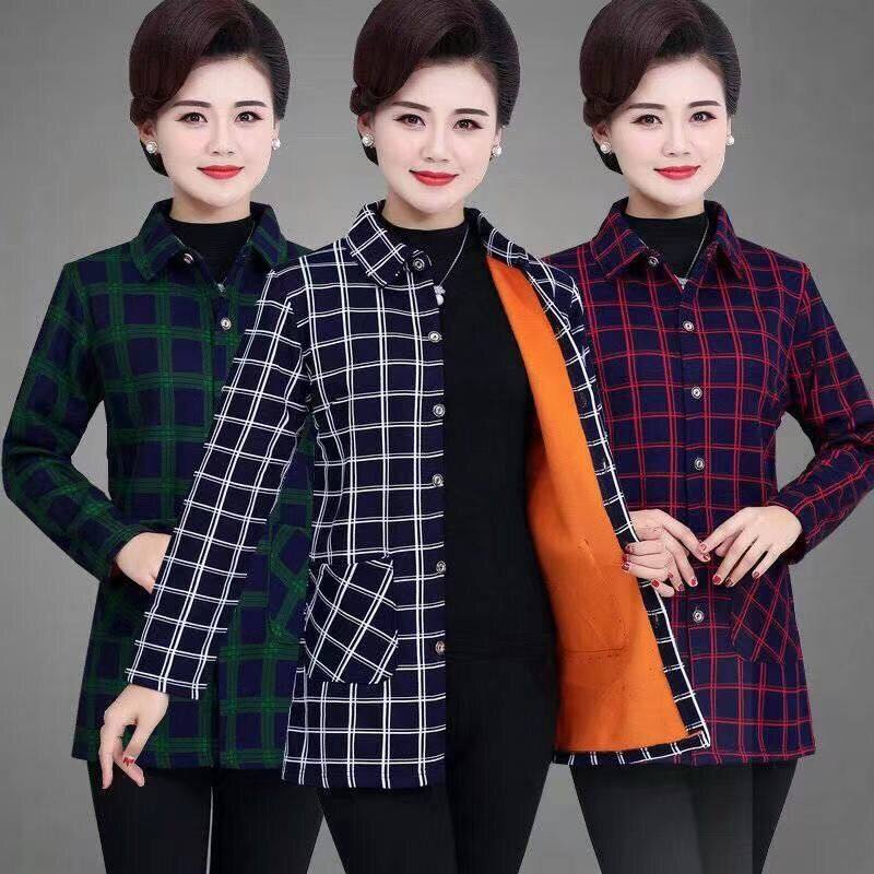 妈妈秋冬装加绒加厚衬衫外套中长款中老年女装格子保暖衬衣女外穿