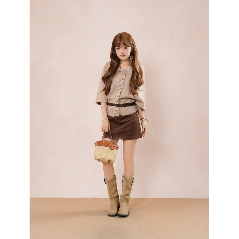 韩系慵懒感宽松棕色毛衣+百搭半身裙套装小众辣妹气质千金两件套,女装/女士精品,时尚套装,淘宝优惠券,粉丝福利购,淘宝优惠卷