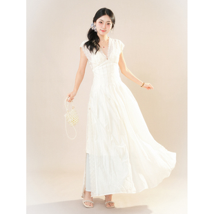 纯白美神裙 重工蕾丝拼接v领收腰连衣裙夏季新款法式气质温柔长裙