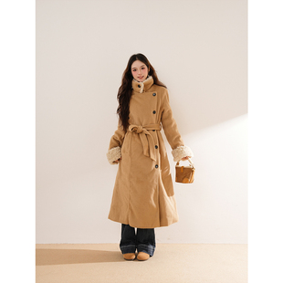 雾岛伦敦 韩版简约气质毛领外套冬新款小众赫本高级感收腰大衣女