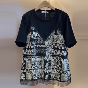 气质上衣 碎花T恤假两件300斤宽松遮肉时尚 夏拼接蕾丝大码 胖MM短袖