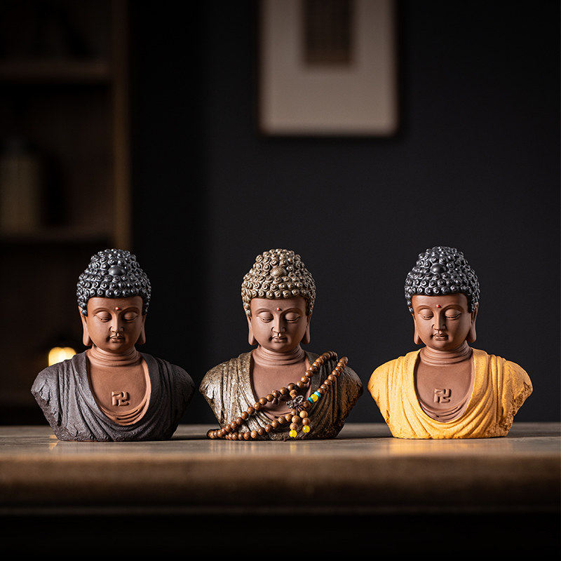 中式禅意陶瓷释迦摩尼半身像佛头家居玄关博古架装饰鱼缸佛像摆件