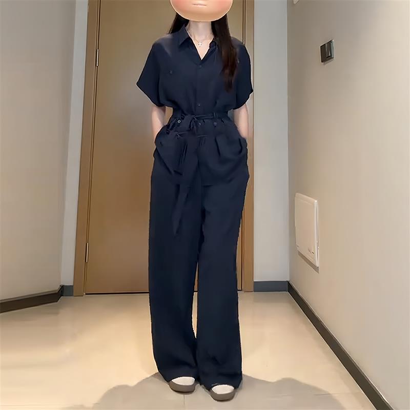 大码通勤穿搭气质套装女夏季微胖mm显瘦收腰短袖上衣阔腿裤两件套