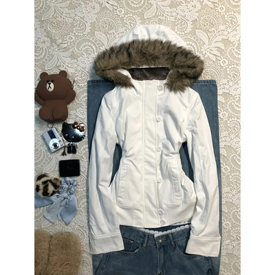 美式复古白色毛绒连帽夹克外套