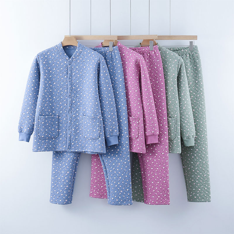 中老年人开衫三层夹棉家居服套装