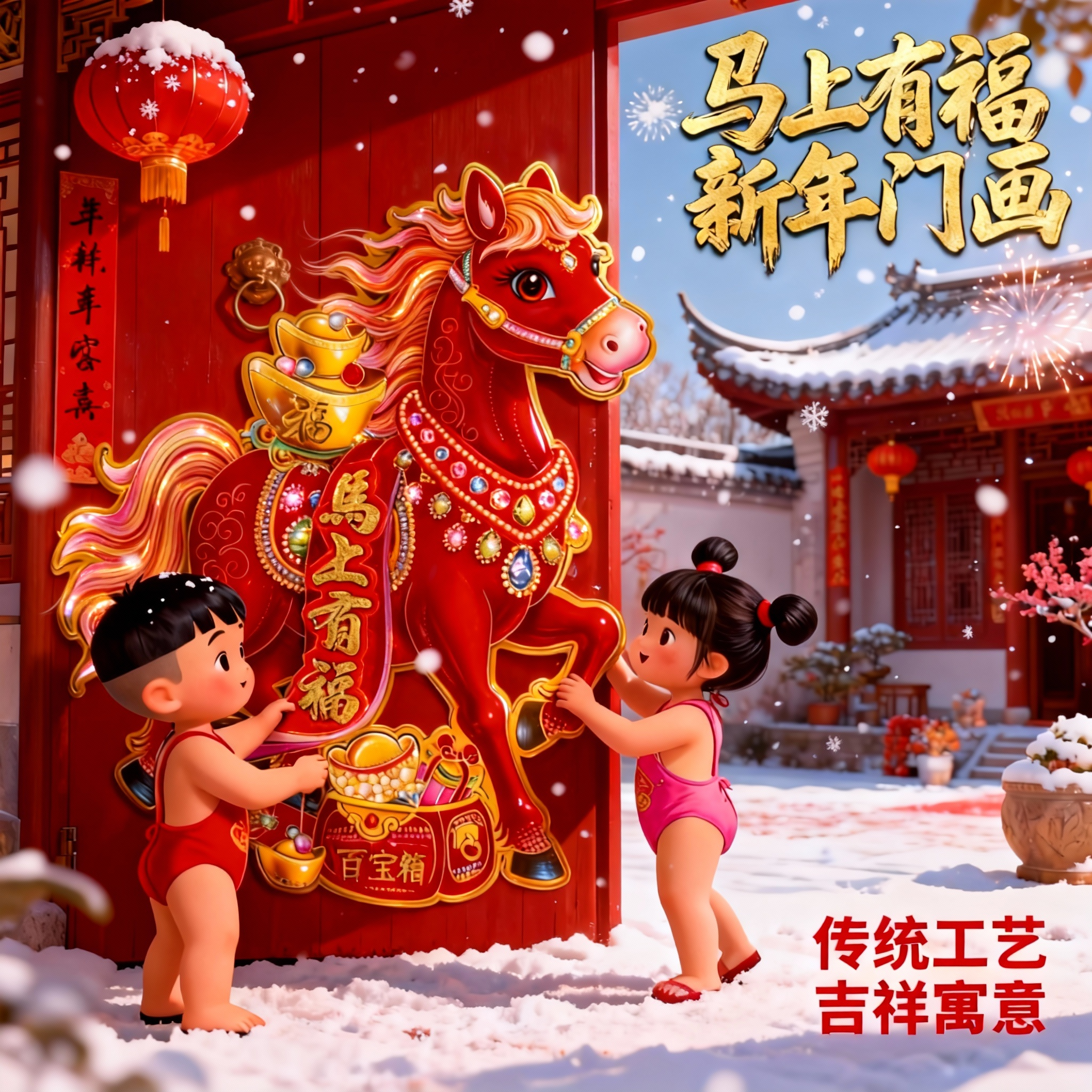 2026马年生肖门贴立体植绒对贴纸卡通马新款天官赐福春节新年装饰,节庆用品/礼品,福字/窗花/窗贴,淘宝优惠券,粉丝福利购,淘宝优惠卷