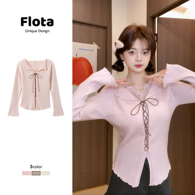 【flota】蕾丝拼接针织法式长袖毛针织衫针织衫显瘦气质上衣0051