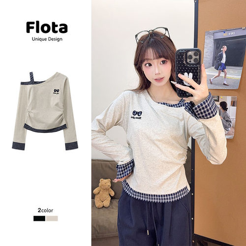 【flota】拼接斜肩吊带蝴蝶结印花韩系收腰显瘦短款舒适百搭3044