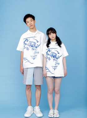 DDCHENG品牌设计师2021原创手绘少年白色印花宽松短袖情侣衬衫