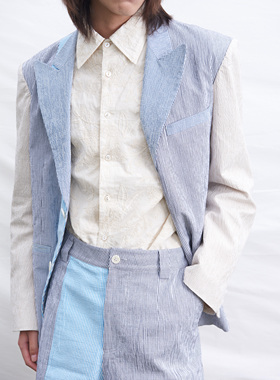 DDCHENG原创小众2021长袖高级条纹拼接泡泡纱西装外套 ddcheng