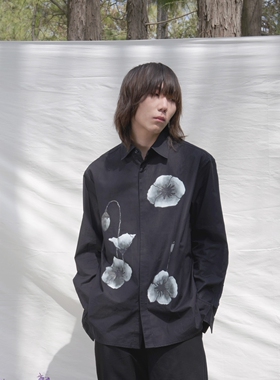 DDCHENG原创小众2021黑色花卉烫画长袖宽松古巴领衬衫 dd cheng
