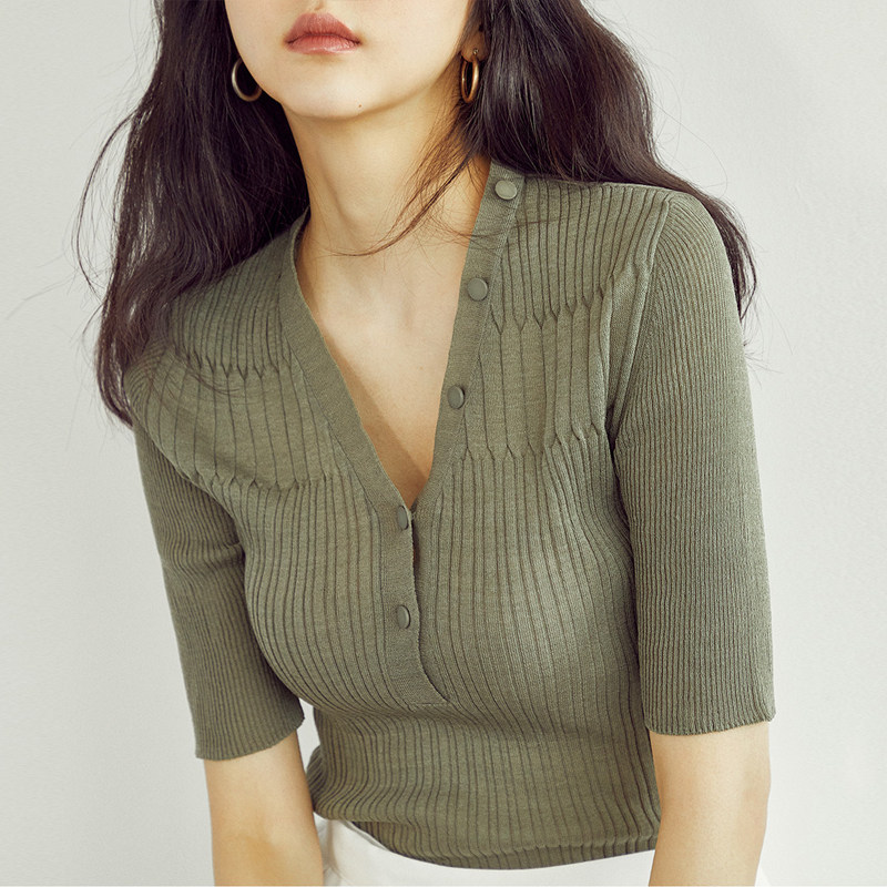 冰丝针织衫女夏显瘦秋季2020新款薄款v领短款风小香修身短袖上衣