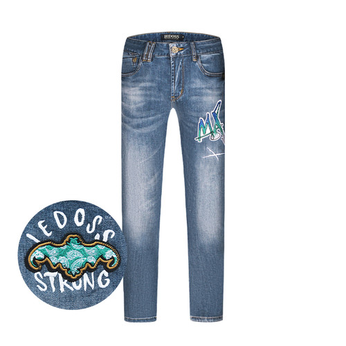 JEDOSS/爵迪斯男装夏季新款简约炫彩刺绣蓝色水洗牛仔裤YH003
