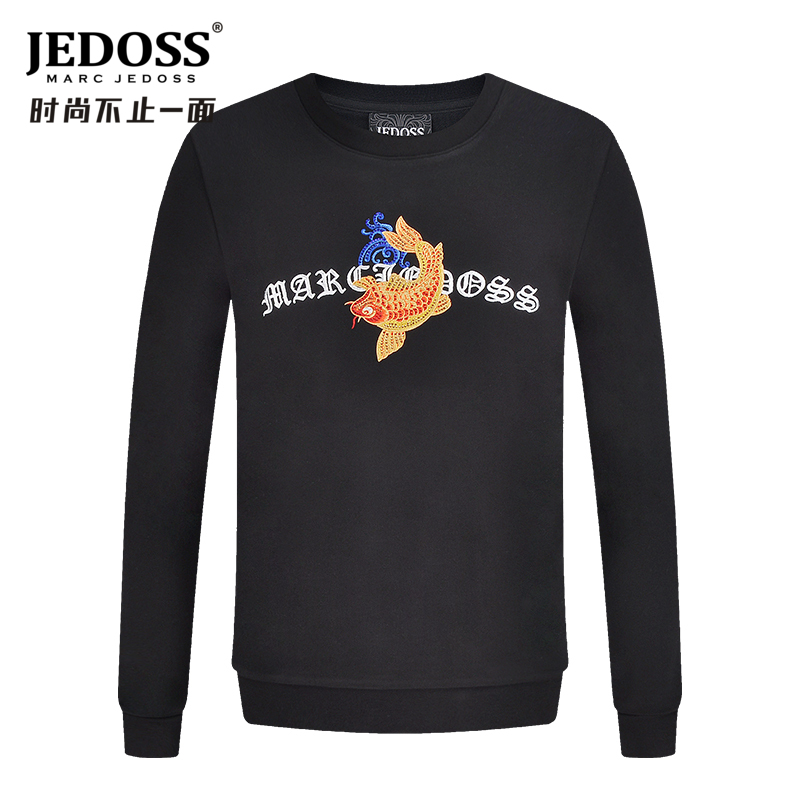 JEDOSS/爵迪斯男装秋冬专柜圆领鲤鱼刺绣黑色圆领卫衣字母潮