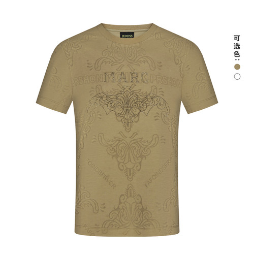 JEDOSS/爵迪斯男装2025春季新款满激光烧花烫钻短袖T恤薄款KS207
