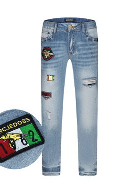 JEDOSS/爵迪斯男装2025夏季新款章仔刺绣磨破蓝色牛仔裤长裤SX155
