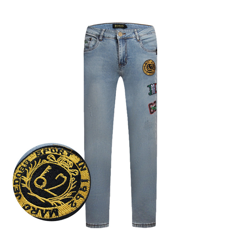 JEDOSS/爵迪斯夏季新款男士LOGO烫印字母绣标牛仔裤长裤002CX