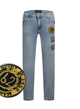 JEDOSS/爵迪斯夏季新款男士LOGO烫印字母绣标牛仔裤长裤002CX