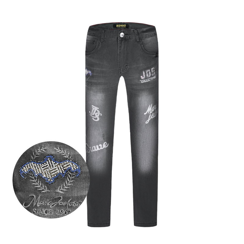 JEDOSS/爵迪斯男装夏季新款章仔刺绣烫钻灰色牛仔裤长YL113SX