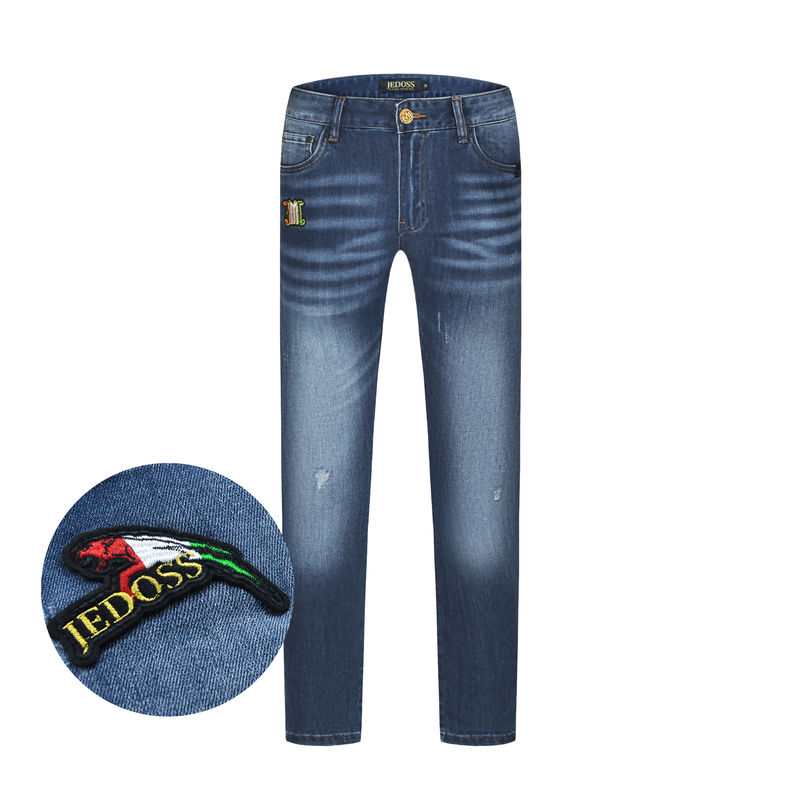 JEDOSS/爵迪斯男装2025夏季新款猎豹章仔刺绣磨破磨白牛仔裤SX156