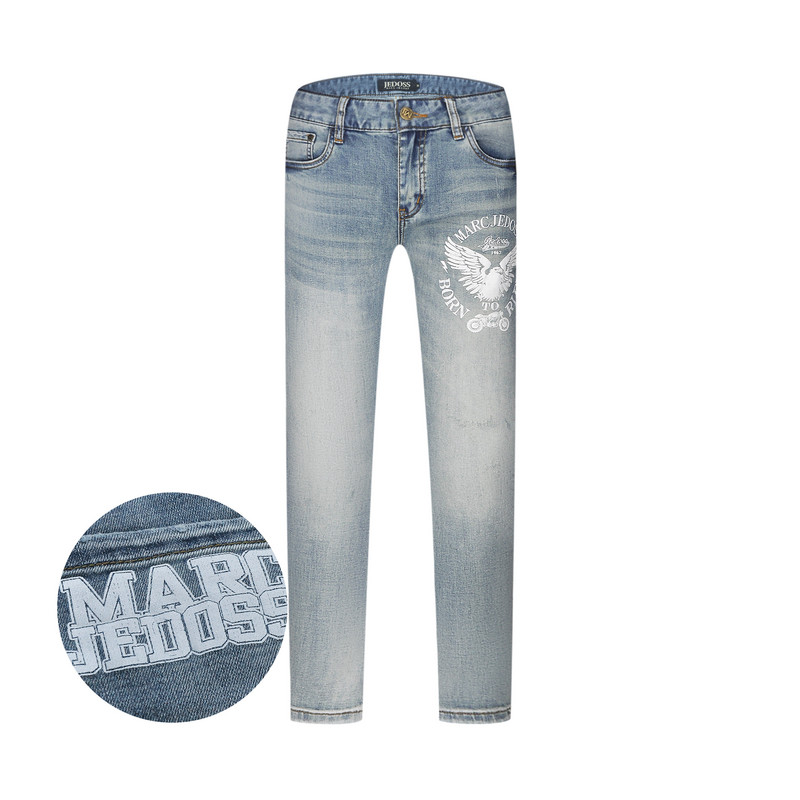 JEDOSS/爵迪斯男装2025春季新款涂鸦雄鹰摩托胶印牛仔裤长裤YH332