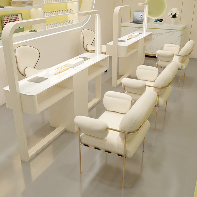 中闽芸尚高端奶油风美甲桌椅套装大理石桌面自带吸尘器插座修甲台