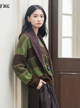 ENJOYME商场同款纱线拼接针织毛衣女2025秋冬圆领宽松上衣EQ-5166