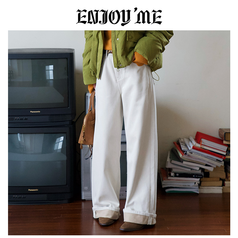 ENJOYME商场同款白色加绒牛仔裤