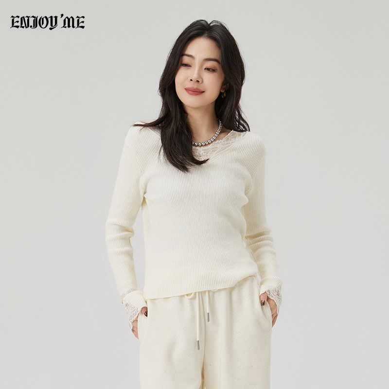 ENJOYME蕾丝拼接V领修身针织衫