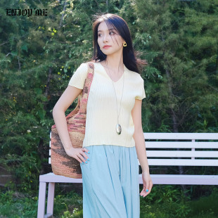 韩版 新款 ENJOYME商场同款 纯色针织T恤女2025夏季 上衣 修身 显瘦短袖