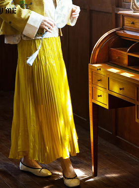 ENJOYME 商场同款黄色百褶半身裙女2025早秋小个子气质显白长裙子