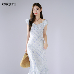 ENJOYME法式 显瘦收腰长裙 独特漂亮方领碎花连衣裙女夏季 气质修身