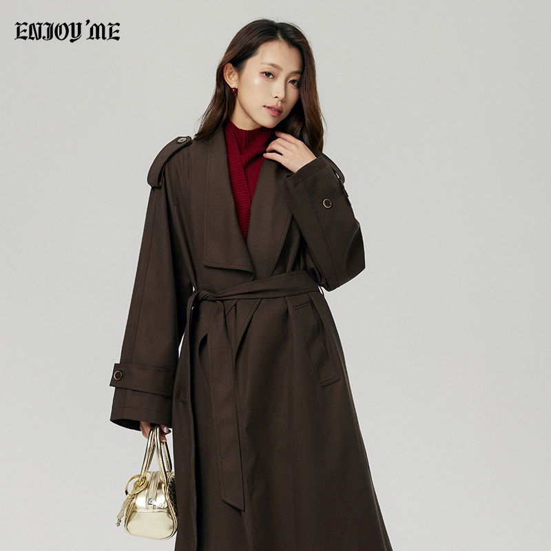 ENJOY商场同款大翻领长款风衣女2026秋季新款收腰腰带双排扣外套