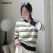 ENJOY商场同款 韩系条纹半拉链毛衣女秋冬百搭宽松立领针织衫 上衣