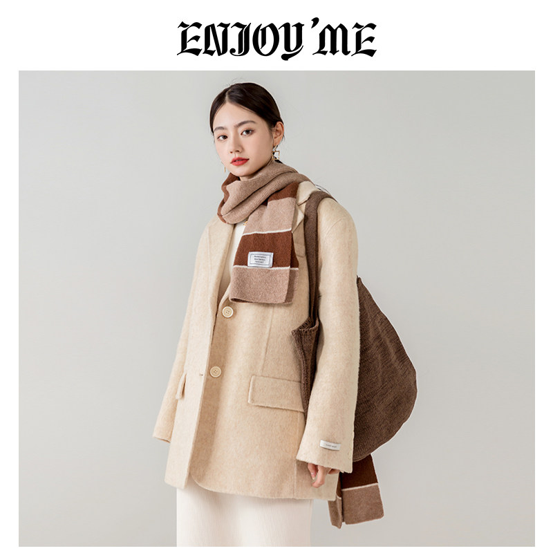 ENJOYME纯色两粒扣羊毛外套女秋冬季中长款大码直筒加厚保暖大衣