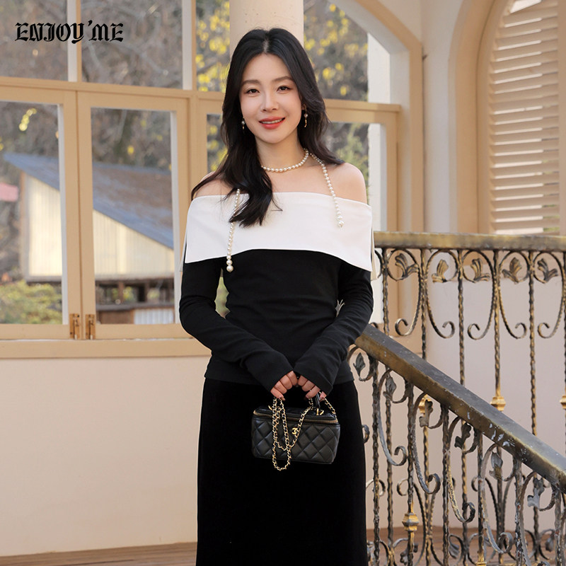 ENJOY商场同款简约风一字肩雪纺衫女冬季黑白撞色露肩高级感上衣,女装/女士精品,蕾丝衫/雪纺衫,淘宝优惠券,粉丝福利购,淘宝优惠卷