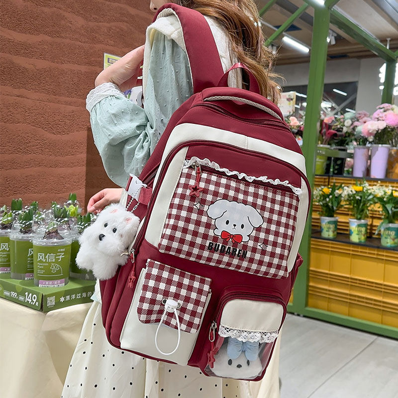 可爱卡通风格子双肩包女高中学生校园小众高颜值书包初中女生背包