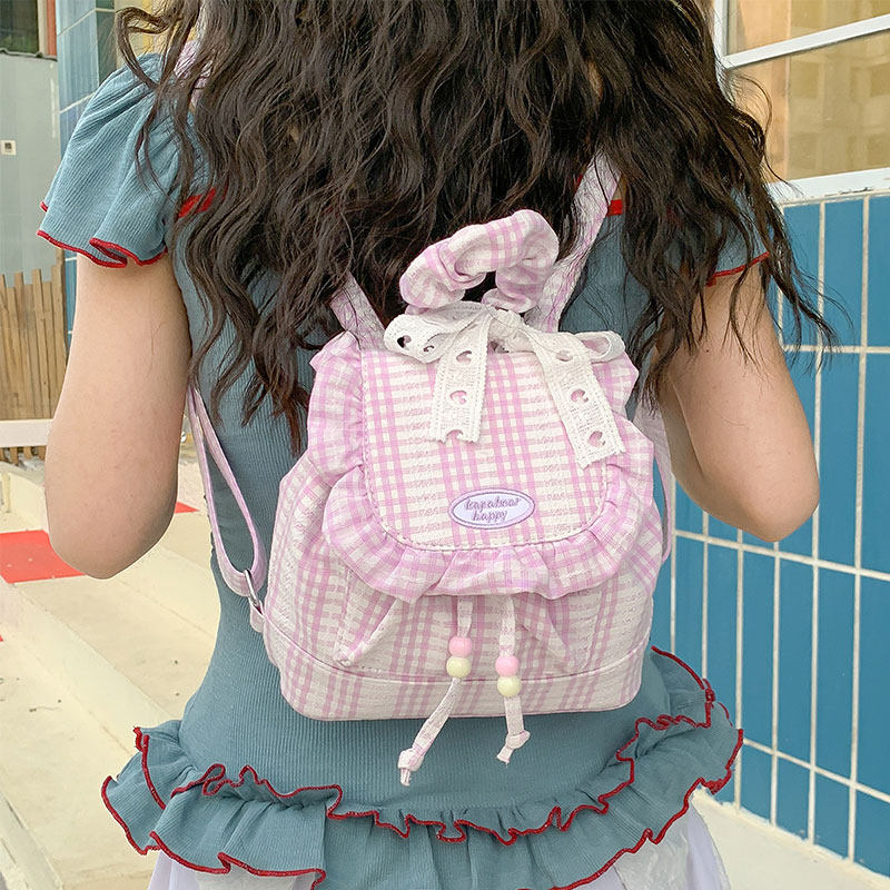 可爱甜美蕾丝格子双肩包女蓬松荷叶边背包少女心学院风通勤小书包