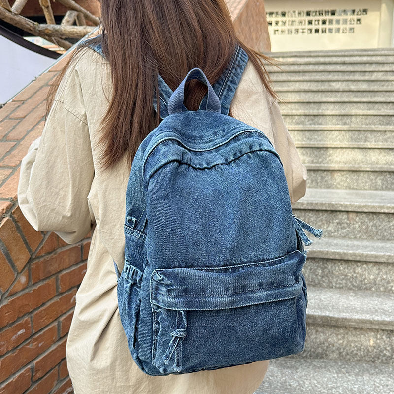 韩版ins春夏新款牛仔布双肩包女大学生休闲上课书包轻便旅游背包