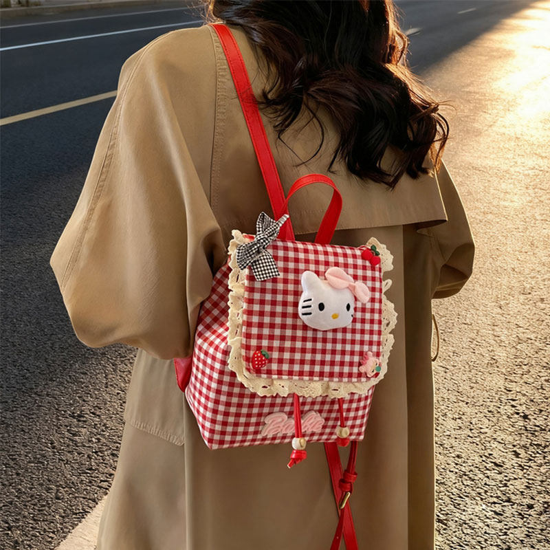 可爱甜美少女格纹双肩包女卡通凯蒂猫蝴蝶结蕾丝边小众旅行小书包