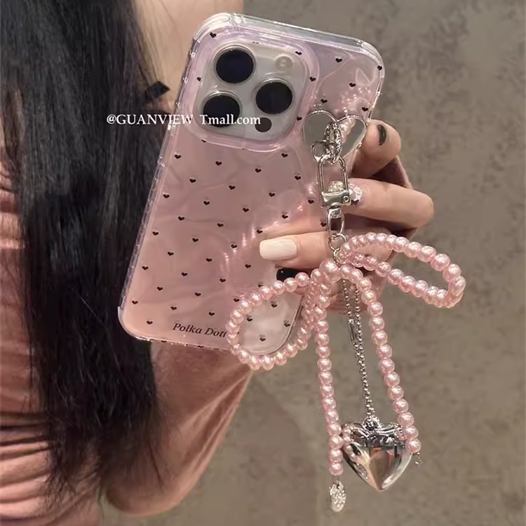 水波纹粉绿爱心适用iPhone15手机壳14蝴蝶结挂饰13苹果12/11pro高级x甜美i7/8/6s小众xr时尚max少女mini轻奢