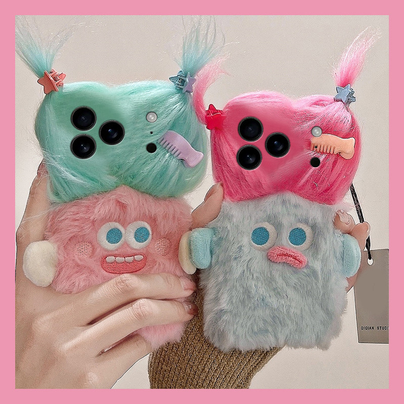 适用oppoA58手机壳A1A2A3A5A6pro毛绒茸辫子怪兽a97a96a93a92s秋冬a55a57a53A72a79a77卡通搞怪a32A11女A35新